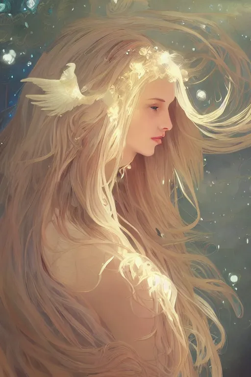 Prompt: A beautiful angelic woman with white long flowy hair, cinematic lighting, soft bokeh, sci-fi, modern, colourful, highly detailed, digital painting, artstation, concept art, sharp focus, illustration, by alphonse mucha