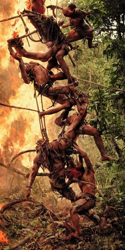 Prompt: editorial photo of brutal battle in burning jungle, african and Amazonian climbing onto another and fight, epic, vintage, blood, slight inspiration of Boris vallejo and apocalypto, war photography