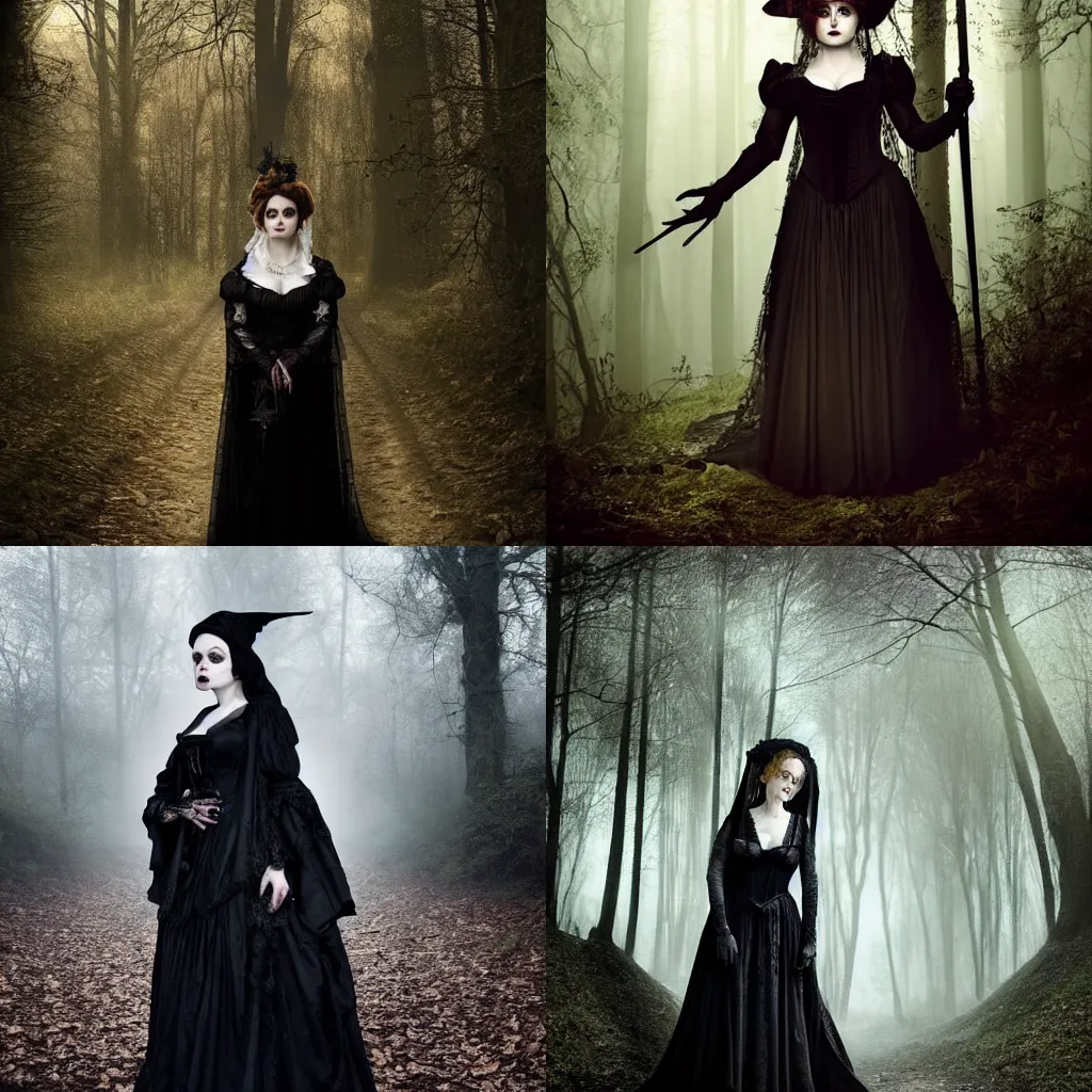 Prompt: stunning full body baroque portrait, pale vampiric gaunt woman Helena Bonham Carter in mourning veil wearing a industrial victorian dress, symmetrical face symmetrical eyes, in a forest surrounded by dark hanging trees, sinister, priestess, witch, wicked, villain, detailed, atmospheric, dark gothic color scheme, cinematic, desaturated, 8K matte, rendered in octane