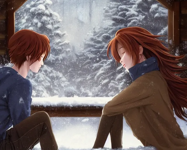 Prompt: a boy and a girl with long flowing auburn hair sitting together on the porch of a cabin on a mountain overlooking a snowy forest. Atmospheric lighting, long shot, romantic, boy and girl are the focus, cold lighting, snowy. Anime. By Makoto Shinkai, Stanley Artgerm Lau, WLOP, Rossdraws, James Jean, Andrei Riabovitchev, Marc Simonetti, krenz cushart, Sakimichan, D&D trending on ArtStation, digital art.