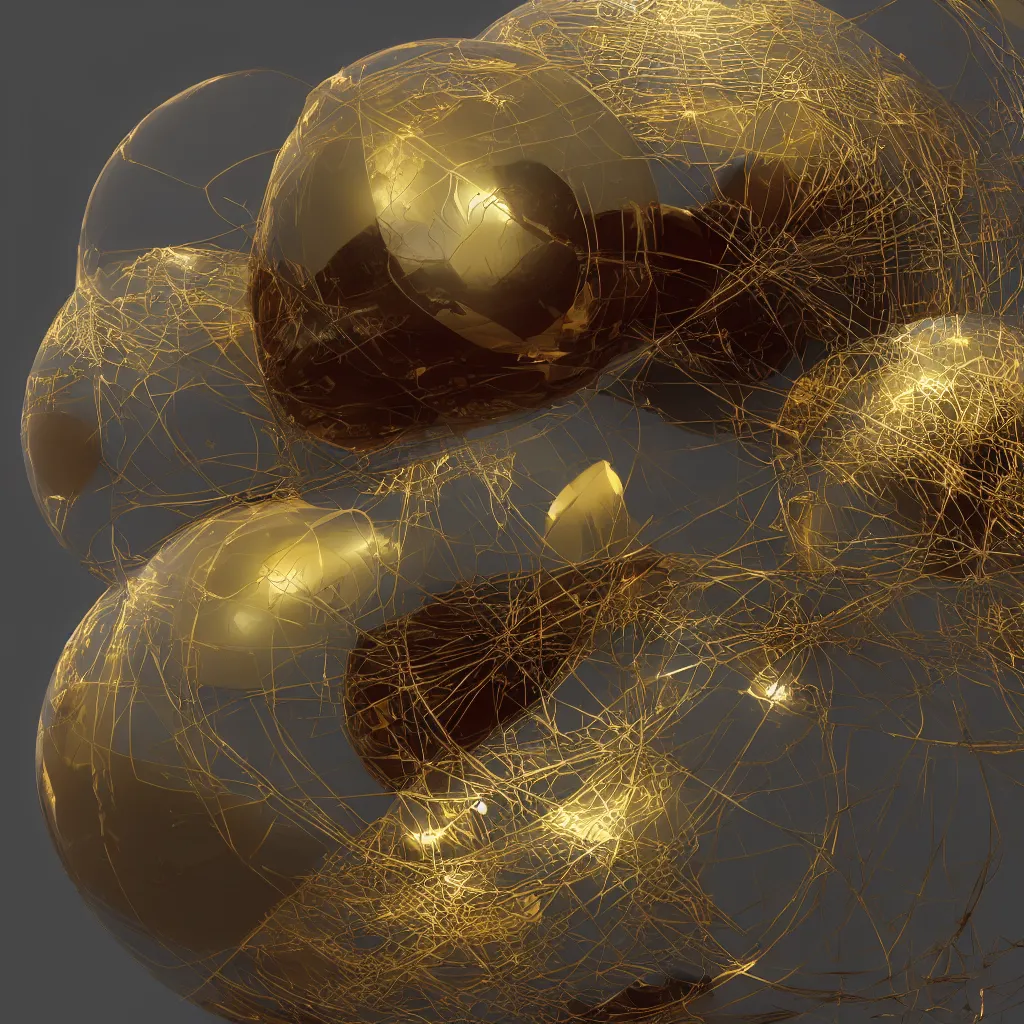 Image similar to a large translucent gold sphere with a red translucent sphere inside, the red sphere holds a city inside of it, photo realistic, 8k, octane rendered, highly detailed