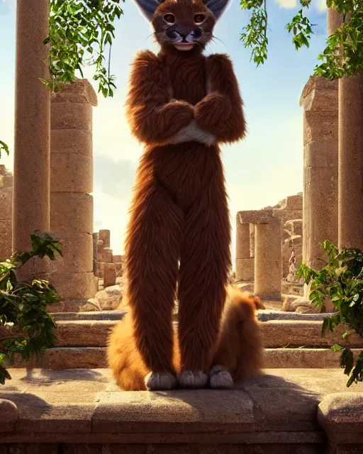 Prompt: fullbody photo of humanoid cute sad fluffy caracal dressed in toga, sun behind him, ancient greek city, sunny day, by ilya kuvshinov, rtx rendering, octane render 1 2 8 k, maya, extreme high intricate details by tom bagshaw, medium shot, composition by sana takeda, lighting by greg rutkowski