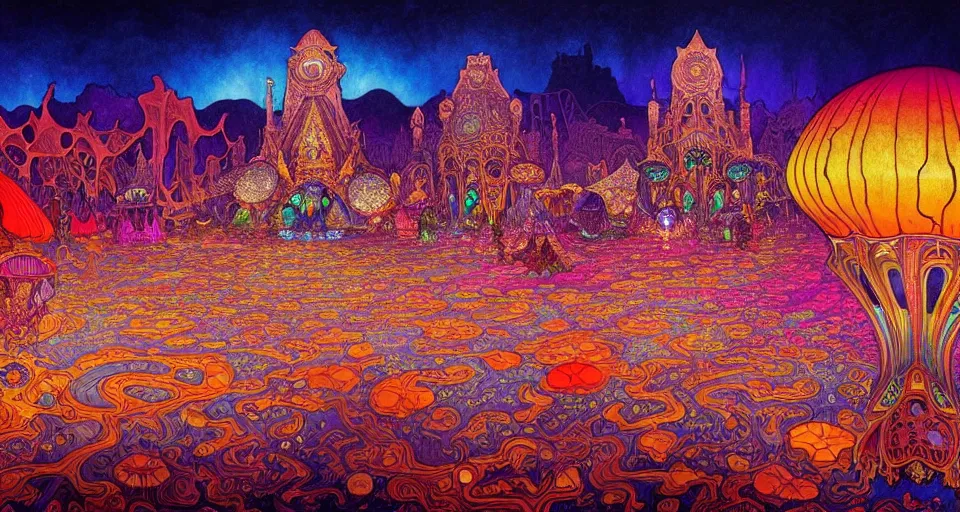 Image similar to An extremely psychedelic map illustration of the black rock city at night, colorful, surreal, dramatic lighting, magic mushrooms, psilocybin, LSD, map, detailed, intricate, elegant, highly detailed, digital painting, artstation, smooth, sharp focus, illustration, art by Krenz Cushart and Artem Demura and alphonse mucha