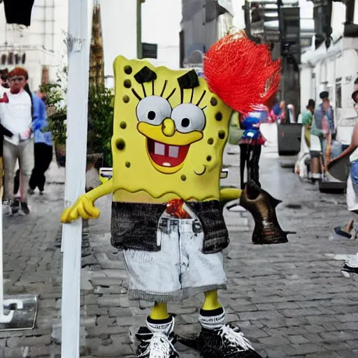 Image similar to Spongebob in real life wearing Rick Owens clothing, avant garde fashion look and clothes, outfit photograph, trending on r/Streetwear