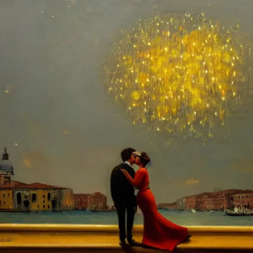 Image similar to an oil painting of couple kissing, in a background fireworks in venice