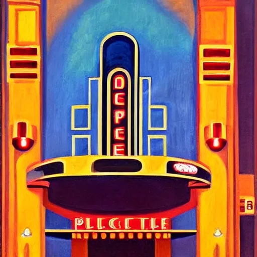 Image similar to art deco movie theater palace, dramatic light, painting by charles sheeler