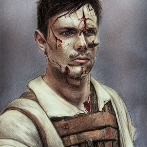 Prompt: self portrait, handsome man with battle scar on his chest holding his sword on his shoulder, pencil art, detailed, handsome, colored, bloody