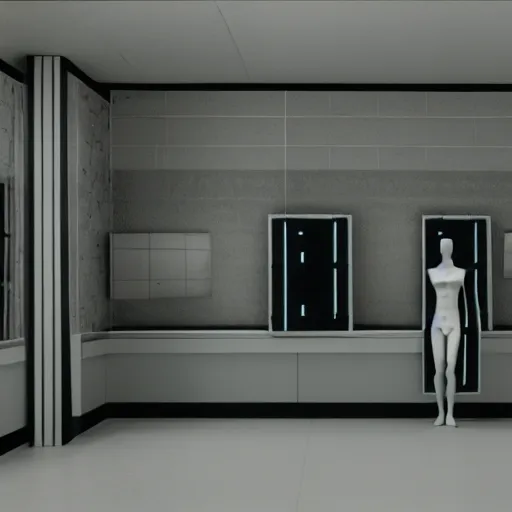 Image similar to cinestill 5 0 d photograph of the inside of an empty convenience store, liminal space, lonely, mannequins, 3 5 mm, raw, unedited, cinema 4 d, cinematic