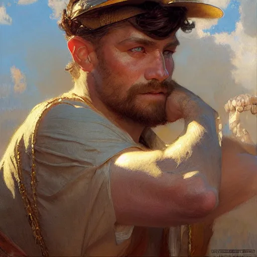 Prompt: stunning male builder, highly detailed painting by gaston bussiere, craig mullins, j. c. leyendecker, 8 k