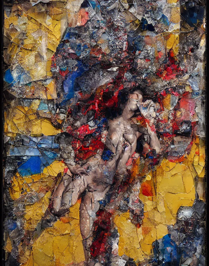 Prompt: orgasm of sensual bodies, detailed mixed media collage with canvas texture in style of contemporary art, punk art, realism, realistic photo, expressionism, masterpiece, spectacular quality, intricate oil details, broken glass photo, torn paper intricate texture, large cracks, liquid glue spots, vivid and balanced yellow red blue palette