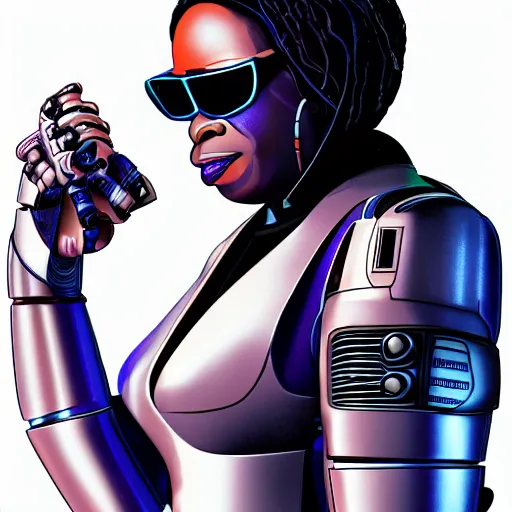 Image similar to cyberpunk robotic whoopi goldberg, sharp lines, digital, artstation, colored in