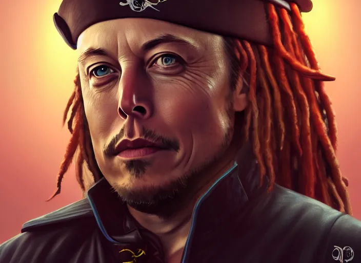 Prompt: highly detailed portrait of Elon Musk as a dread pirate captain, proudly posing at the helm of his frigate wearing a pirate hat, artstation, cinematic lighting, hyperdetailed, cgsociety, 8k, high resolution, insanely detailed and intricate