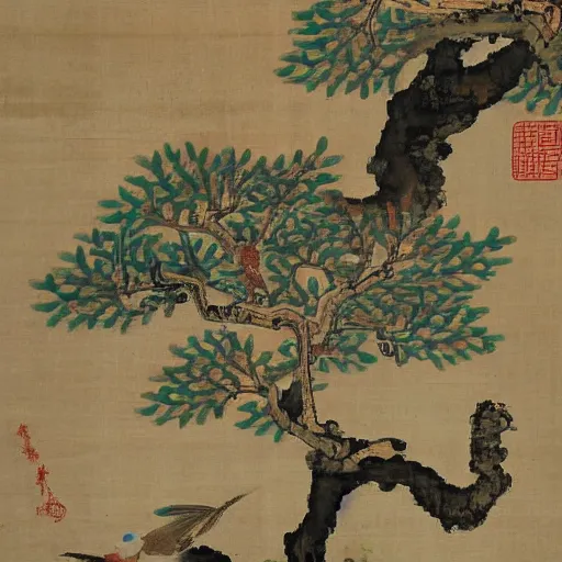 Prompt: the Chinese ancient painting of The bird and tree,by emperor Huizong of Song