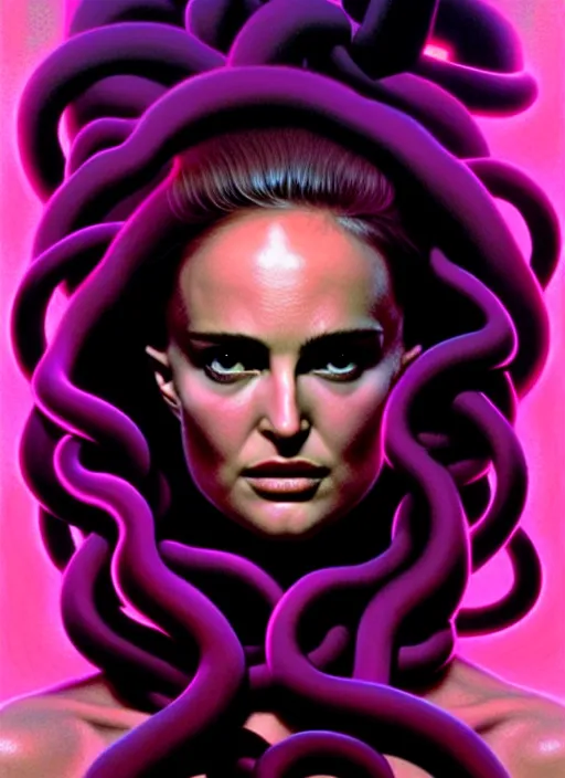 Image similar to Medusa, Natalie Portman, portrait, very detailed, dramatic lighting, electrical details, high details, 4k, 8k, trending on artstation, by Greg Rutkowski, Wayne Barlowe, Hajime Sorayama and Boris Vallejo