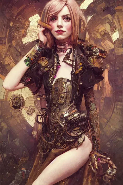 Prompt: a cobination of emma roberts, emma stone and emma watson as a baroque steampunk, augmented cyborg, half body, d & d, fantasy, intricate, elegant, highly detailed, colorful, vivid color, digital painting, artstation, concept art, art by artgerm and greg rutkowski and alphonse mucha and ruan jia