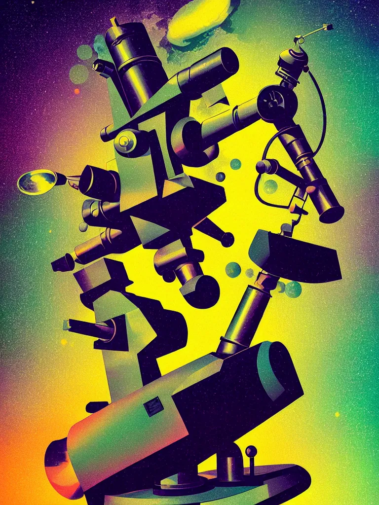 Image similar to ( ( strong dither ) ), editorial illustration scientific lab test tube telescope microscope astronaut, colorful modern, mads berg, karolis strautniekas, christopher balaskas, fine texture, dynamic composition, detailed, matte print, dynamic perspective, halftone texture, muted color, lomography, risograph