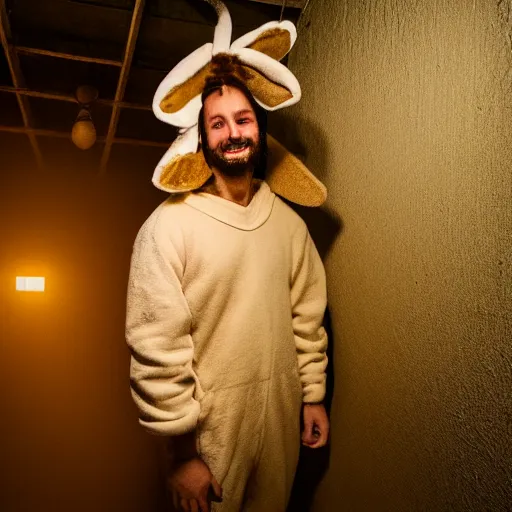 Prompt: Man with a rabbit costume in the attic, dark, shadows, night, 8k Photography