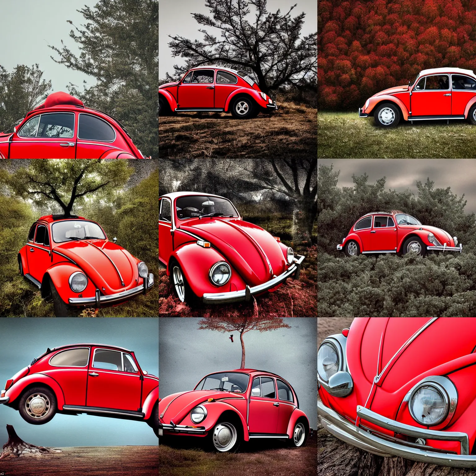 Extreme Long Shot Of A Red 1970 Vw Beetle On Top Of A Stable 
