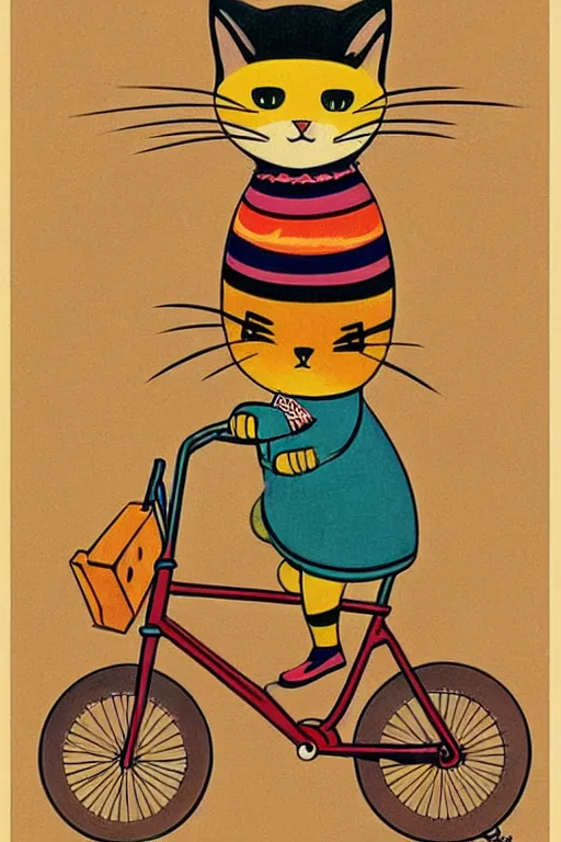 Image similar to a 1 9 5 0 s retro illustration by richard scarry and gustav klimt. a cat riding a bike.. muted colors, detailed