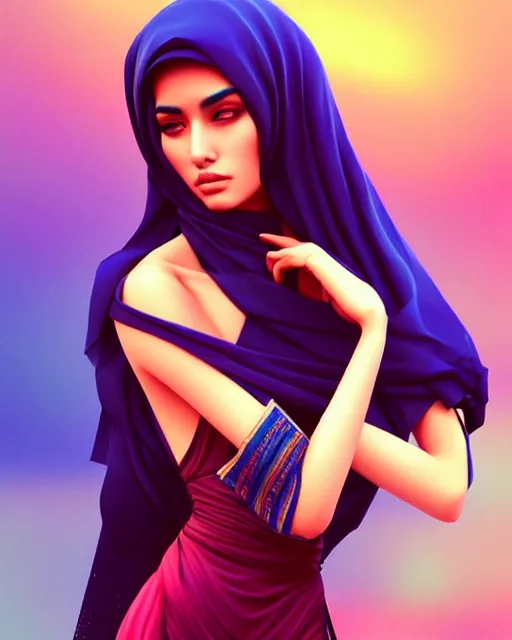 Image similar to richly detailed color illustration of very very beautiful Arab fashion model illustrated by Artgerm and Mina Petrovic and Timothy Kong and Marina Federovna. 3D shadowing