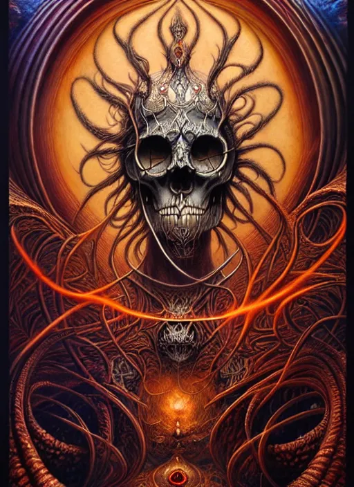 Image similar to A beautiful detailed orixa, tarot card, by tomasz alen kopera and Justin Gerard, symmetrical features, ominous, magical realism, texture, intricate, ornate, royally decorated, skull, skeleton, whirling smoke, embers, red adornements, red torn fabric, radiant colors, fantasy, trending on artstation, volumetric lighting, micro details, 3d sculpture, ray tracing, 8k, anaglyph effect