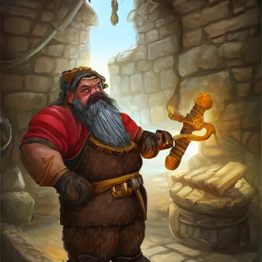 Prompt: High Fantasy whimsical portrait painting of a bearded dwarf working in a blacksmith with a workman\'s hammer, leg high, face showing, full body, fantasy clothing, golden shoulder pauldrons, cgsociety, trending on artstation, dnd