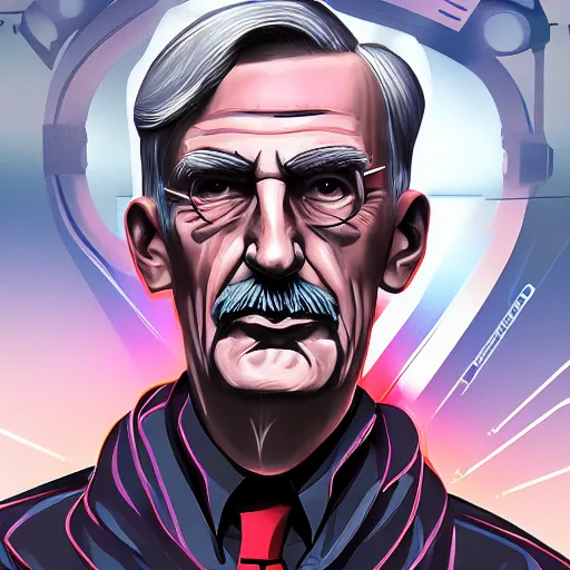 Prompt: cyberpunk neville chamberlain as the leader of a futuristic communist nation, cybernetics, sharp lines, digital, artstation, colored in