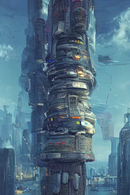 Prompt: comic book illustration, a futuristic hovering tugboat delivers supplies to the 100th floor dock of a very tall building, cyberpunk concept art by Moebius, highly detailed, intricate, sci-fi, sharp focus, Trending on Artstation HQ, deviantart