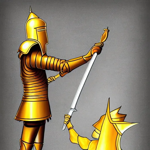 Prompt: a tall royal knight in golden armor saluting his king, digital art