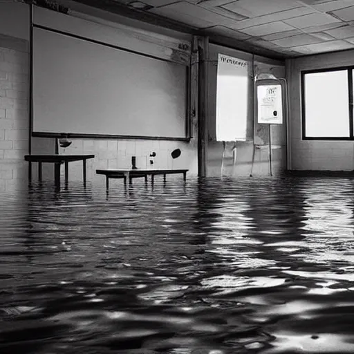 Prompt: photo of a classroom, the floor is flooded with one meter deep water. eerie creepy