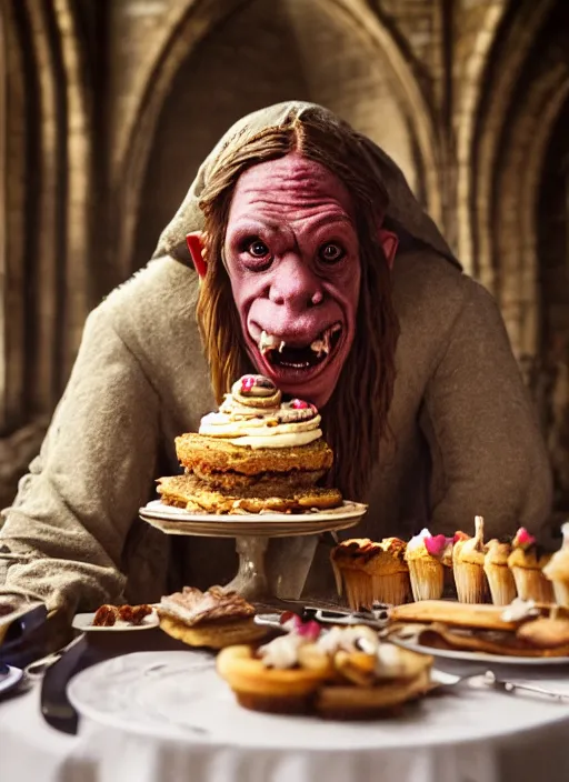 Image similar to closeup portrait of a medieval goblin eating cakes in the abbey, depth of field, zeiss lens, detailed, symmetrical, centered, fashion photoshoot, by annie leibovitz and steve mccurry, david lazar, jimmy nelsson, breathtaking, 8 k resolution, extremely detailed, beautiful, establishing shot, artistic, hyperrealistic, beautiful face, octane render