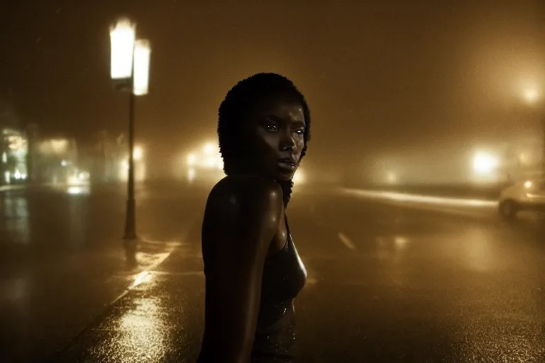 Prompt: vfx beautiful black woman photo real, sci-fi city street night lighting, rain and fog by Emmanuel Lubezki