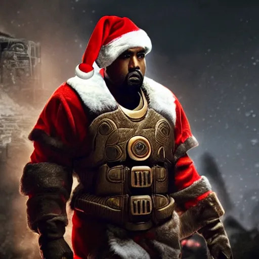 Image similar to Kanye West as santaclaus in 'Gears of War', splash art, movie still, cinematic lighting, detailed face, dramatic, octane render, long lens, shallow depth of field, bokeh, anamorphic lens flare, 8k, hyper detailed, 35mm film grain