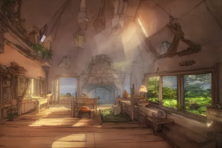 Image similar to interior wide angle shot of a fantasy countryside villa in the style of studio ghibli, moebius, makoto shinkai, dramatic volumetric lighting