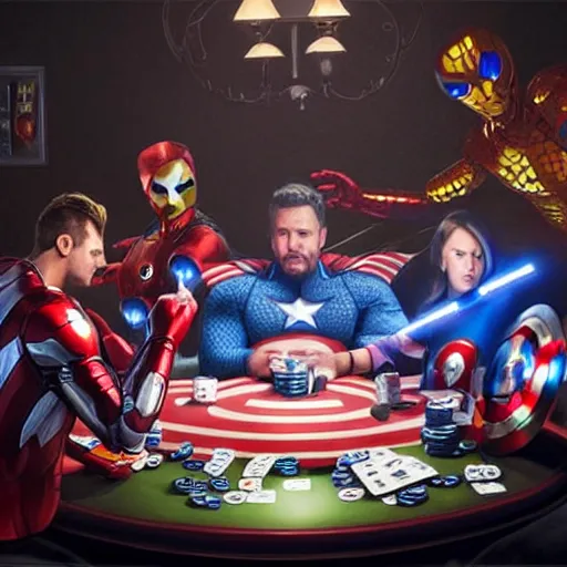 Prompt: hyperrealist portrait of the avengers playing poker, photo realistic, dynamic lighting, artstation, poster, volumetric lighting, very detailed faces, 4 k, award winning