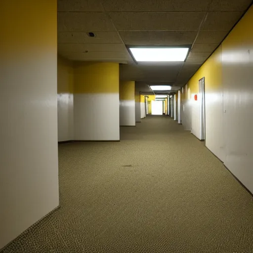 Image similar to flash low quality photograph of the backrooms, mustard - yellow old moldy moist carpet room, empty liminal space, very dark shadows, broken fluorescent lighting, horror movie scene, film grain