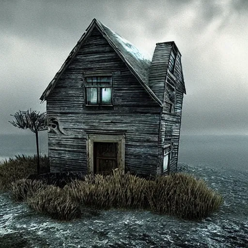 Image similar to old house at the edge of the world, hyperdetailed, photorealistic, moody, surreal, creepy, atmospheric, lsd