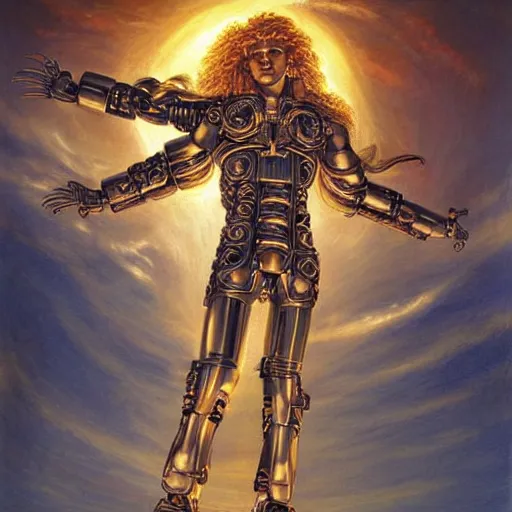 Image similar to beautiful painting of the sun god Apollo as a cyborg with long curly blond hair, full borg cybernetics, in the imperial palace at golden hour, by Peter Paul Rubens and Hajime Sorayama