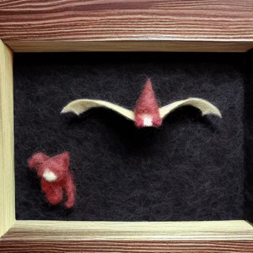 Image similar to photo of an intricately detailed representation of a accurate cat-bat made out of needle felt.