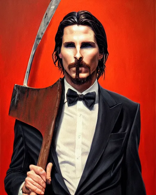 Image similar to oil painting portrait of christian bale american psycho holding an axe, cinematic lighting, high production value, intricate details, high resolution, hdr, high definition, masterpiece, realistic, ultrarealistic, highly detailed, hd, sharp focus, non blurry, sharp, smooth