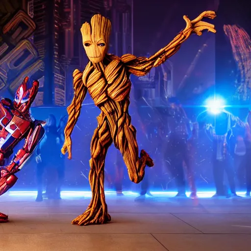 Image similar to groot and optimus prime dancing at techno party among people, wide shoot, after effect, ultra realistic 3 d