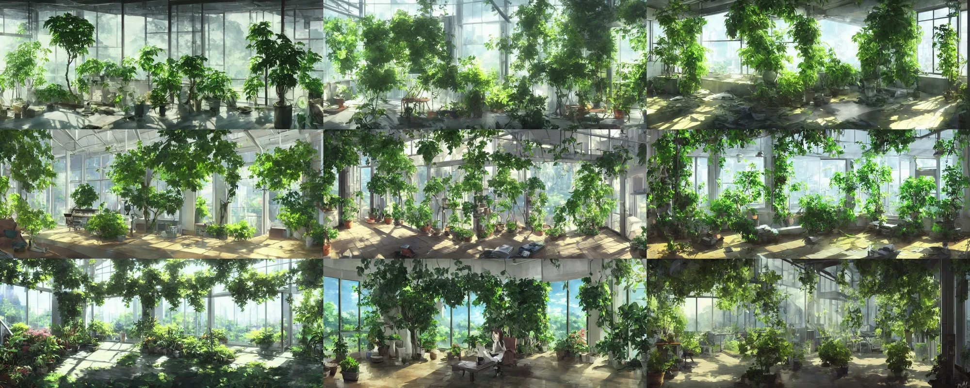 Prompt: Beautiful Studio scenery without people, floor-to-ceiling glass windows, natural sunlight, green plants, vines, interior, stunning atmosphere, cinematic, Shinkai Makoto, trending on pixiv, art by 666K信譞