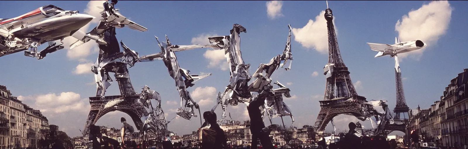 Image similar to Still from the 1969 movie MECHA-CONCORDE vs ROBO-EIFFEL the giant humanoid Eiffel Tower battles the swan-like superplane above the streets of paris-futur - starring ALAIN DELON - art direction by moebius hq production still technicolor