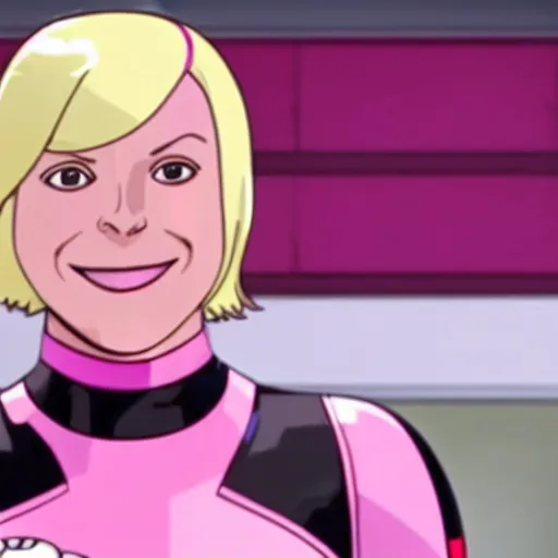 Image similar to A still of Gwenpool in Deadpool 3 (2023), blonde hair with pink highlights, no mask, white and light-pink outfit, smiling and winking at the camera