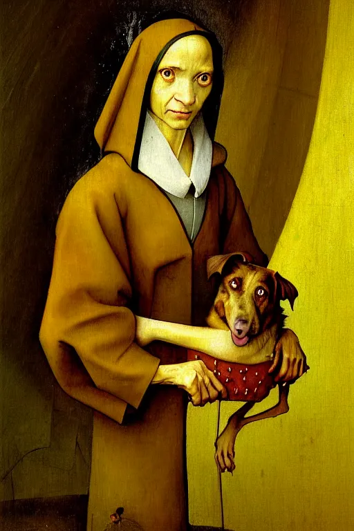 Image similar to hieronymus bosch, greg rutkowski, anna podedworna, painting of a brown haired dog eared girl with yellow blazer over a white dress who works at a bakery, close up portrait