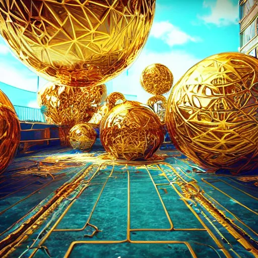 Image similar to abstract intertwining hyper detailed hardsurface modelled 3 d geometry, in the distance is a tarnished gold sphere, depth, wide angle, insanely detailed and intricate,, teal, gold, silver red, paradise hospital environment unreal engine