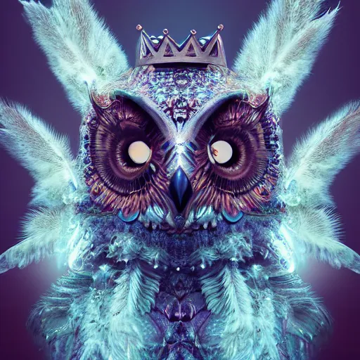 Image similar to detailed portrait of a alien magical owl, wearing a diamond crown, glowing feathers, halfway through, hyper detailed, stylistic, symmetrical, ethereal bohemian, detailed render, hdr, octane render