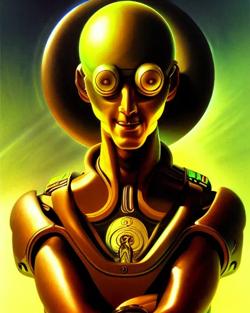 Image similar to zenyatta from overwatch, nine eyes, character portrait, portrait, close up, vintage fantasy art, vintage sci - fi art, radiant light, caustics, by boris vallejo