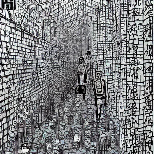 Image similar to a chinese prison, in the style of daniel johnston and outsider art, 8 k, line brush, overlaid with chinese adverts