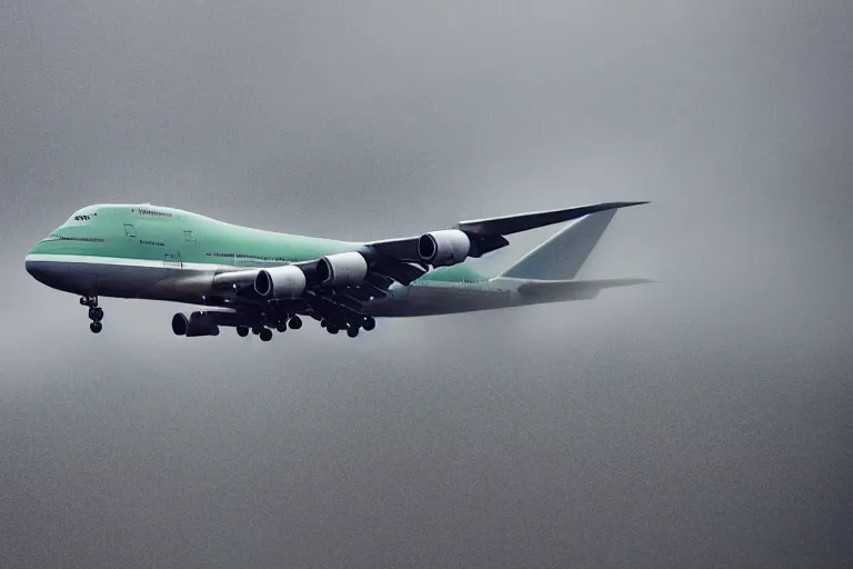 Prompt: detailed photo of a boeing 7 4 7 landing at a 4 5 degree angle, on a runway in heavy rain and wind, photo from a spectator, 8 k, natural lighting